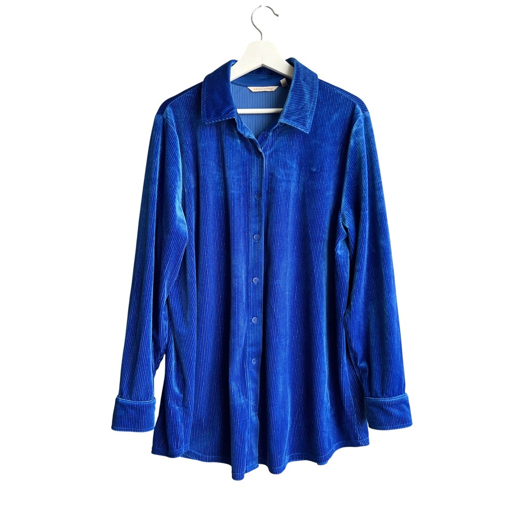 Soft Surroundings Cobalt Blue Ribbed Velvet Button Down Shirt Womens Large L
